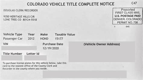 TitleCompleteNotice, or; Completepaperwork from the dealer/lien holder (if not sent to the Motor Vehicle Division), including: Vehicle <b>Title</b>; Security agreement/loan documents; Miscellaneous documents (e. . Title complete notice colorado